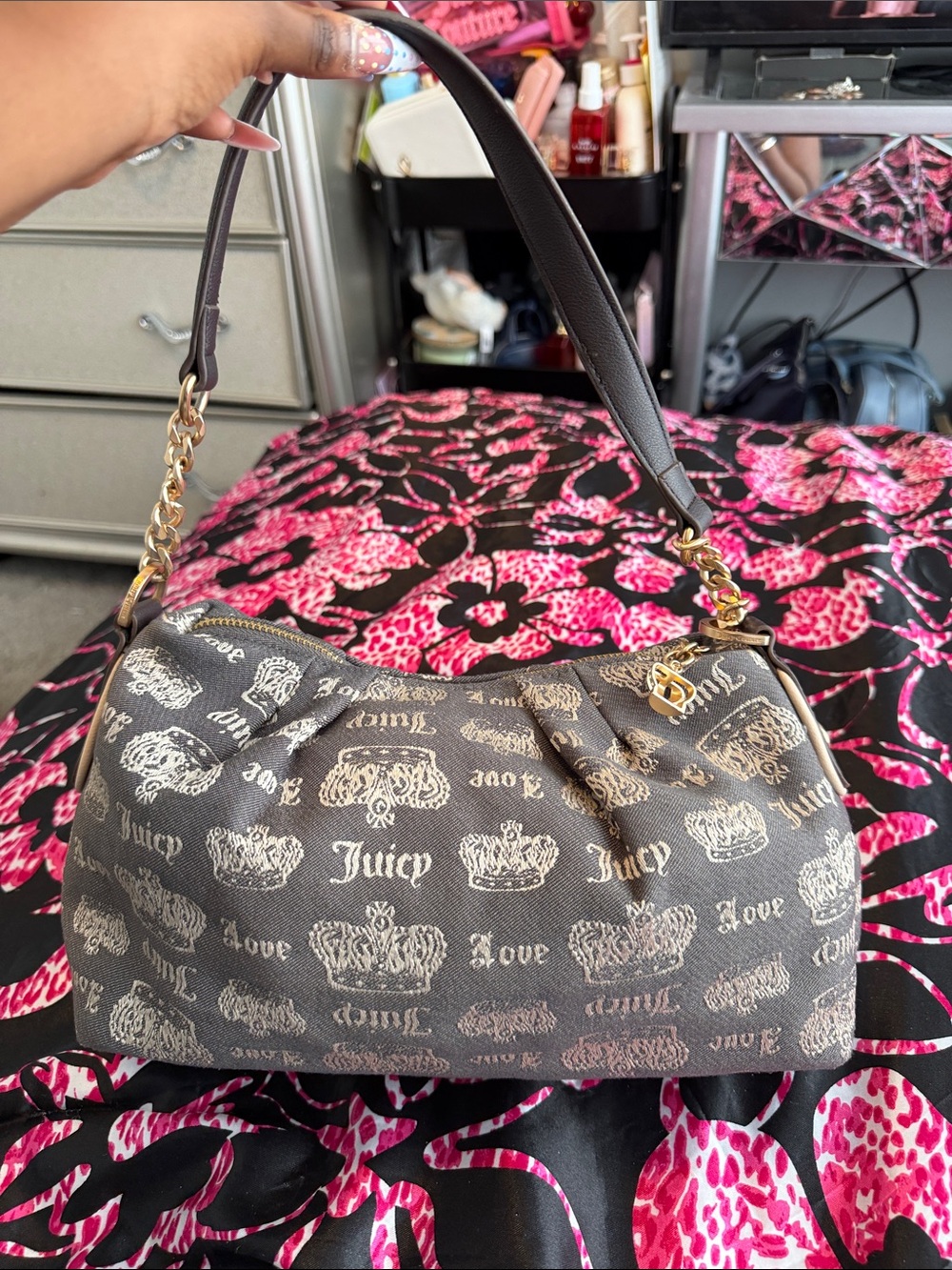 Juicy Couture Brown & Gold Logo Chain-Accent Shoulder Bag